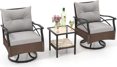 Image de Ensemble de mobilier de jardin en rotin COSTWAY, coin salon comprenant 2 fauteuils à bascule pivotants, coussins et table, ensemble pour balcon, mobilier de terrasse, ensemble de jardin