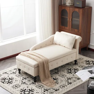 Produktbild von okwish Schlafsofas Chaiselongue-Sofa aus Samt mit Stauraum, gepolsterte Chaiselongue-Couch mit Kissen für das Wohnzimmer, moderner Loungesessel mit Nagelkopfbesatz und Knopfheftung,Beige