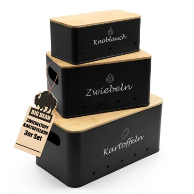 Three stacked storage boxes for vegetables, labeled for potatoes, onions, and garlic.