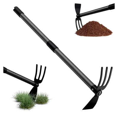 Produktbild von Gartenhacke mit 76 cm Stiel, Multifunktionale Doppelhacke mit 3 Zinken aus Metall, Unkrautharke und Pflanzhacke für das Lockern, Lüften und Jäten des Bodens