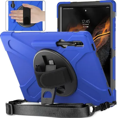 Produktbild von Mobigear SureGrip XGuard  Samsung Galaxy Tab S8 Ultra Hülle Kunststoff,Silikon Backcover + Stifthalter + Schulterträger + Ständer - Blau