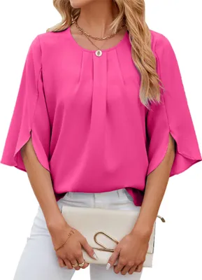 Produktbild von ASKSA Damen Bluse 3/4 aermel Plissee Rundhals Chiffon Sommer Shirts Oberteile Lose Flowy Tops, Rosa, Groesse: XXL