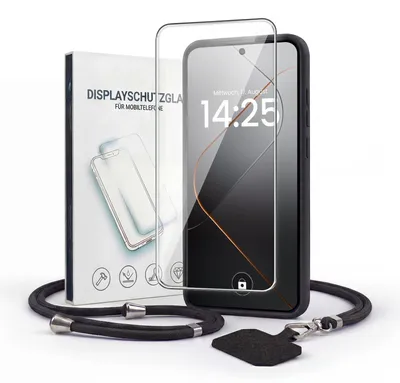 Produktbild von Handyhülle für Xiaomi 14 Pro mit Handykette und 9H Displayglas Displayschutz Band Kordel Hülle Case Schutzhülle Schwarz