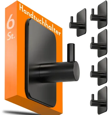 Produktbild von Bohrfreies Handtuchhalter-Set, 6er-Pack, selbstklebende Handtuchhaken aus Edelstahl 304, wasserfest, für Bad und Küche, Tragkraft 10 kg, schwarze Haken für Fliesen