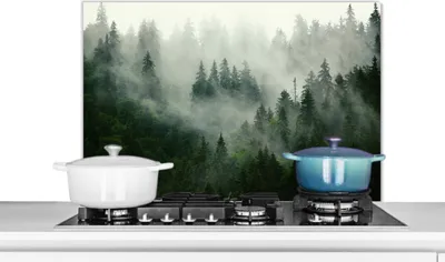 Produktbild von KitchenYeah®  Spritzschutz Küche - Küchenrückwand - Wandschutz für Herd und Spüle - Wald - Nebel - Bäume - Natur 90x60 - Alu-Dibond (Alternative zum Spritzschutz aus Glas) - Hitzebeständig - Herdsprit