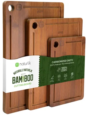 3er-Set Bambus-Schneidebretter karbonisiert, mit Saftrille, 33×22 cm