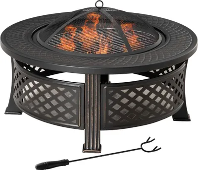 Produktbild von Feuerschale mit Schürhaken Funkenschutz Feuerkorb Feuertisch rund Feuerstelle für Garten Camping BBQ Stahl Schwarz 81 x 81 x 50 cm