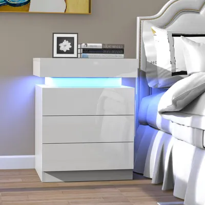 Produktbild von Nachttisch Nachtschrank mit LED-Beleuchtung mit 3 Schubladen 45x35x61cm weiß