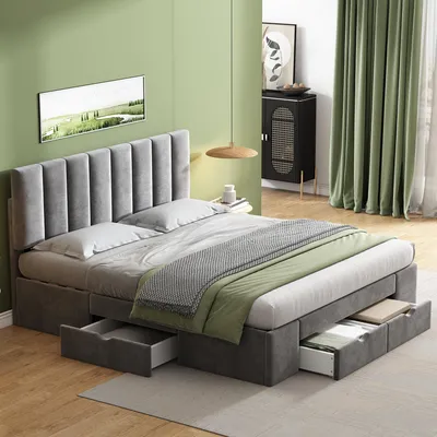 Image de OKWISH Lit avec rangement 160x200 - Lit Double Capitonné avec 4 Tiroirs - Velours - Sans Matelas - Gris