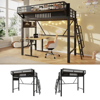 Produktbild von Hochbett 90 x 200 cm, Metallbettgestell, Staufächer, offene untere Ebene, ohne Matratze, Schwarz