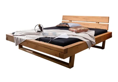Produktbild von Woodroom Balkenbett Thun 160x200 cm aus massiver Kiefer, eichefarbig honig gebeizt & geölt, mit 2-teiligem Kopfteil