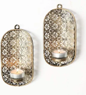 Produktbild von Unyqoos® Wandkerzenhalter 2er-Set zur Wandmontage aus Eisen, Antikgold, Höhe 19 cm