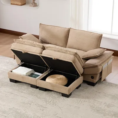Obrázek produktu pro okwish modulární pohovka 2místná se 2 taburety, ergonomicky široká sedací plocha, lounge sofa s USB-C portem, pohovka do obývacího pokoje s bočními kapsami, manšestr, khaki