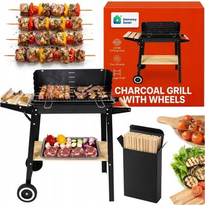 Produktbild von Garten-Holzkohlegrill auf Rädern mit Abdeckung, Ablage und Grillrost + 100 Spieße