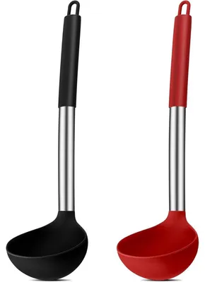 Zdjęcie produktu dla Zestaw dwóch silikonowych łyżek do zupy, 30 cm, stal nierdzewna, czarny/czerwony