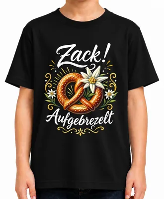 Produktbild von Zackig Aufgebrezelt Brezel Edelweiß Alpen Trachtenshirt Lederhose Kinder T-Shirt, Schwarz, 104