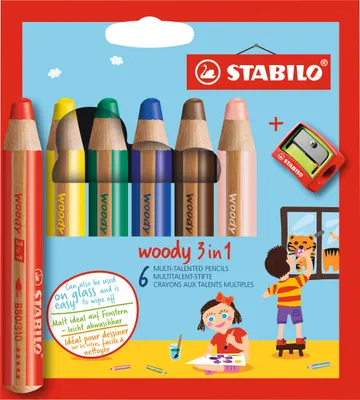 Produktbild von Buntstift, Wasserfarbe & Wachsmalkreide - STABILO woody 3 in 1 - 6er Pack mit Spitzer - mit 6 verschiedenen Farben