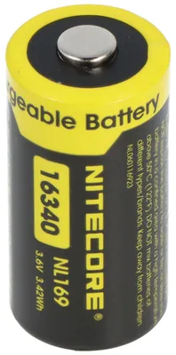 Productafbeelding van Nitecore NL169 batterij, 16340, modelnummer NC-NL169, Li-Ion batterij, 3,7 Volt, 950mAh, met beveiligingscircuit, maximale ontlaadstroom: 2A