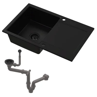 Produktbild von HOMEVELLO Spülbecken DIGNUM Einbecken Granitspüle 79x50x21cm Schwarz, Hochwertige Küchenspüle mit Siphon, Abtropffläche, Pflegeleicht, Kratzfest, Moderne Design, Perfekt für jede Küche