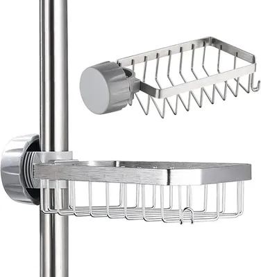 Obrázek produktu pro Bezperforovaná police do sprchy - Nerezová ocel - Držák na mýdlo - Držák na houbičky - Sprchová vanička pro tyče o průměru 18-32 mm