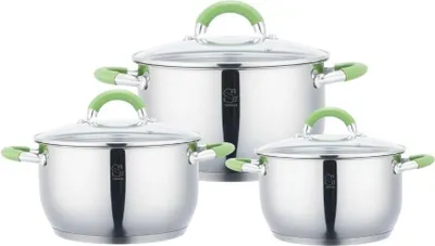 Produktbild von 3er Edelstahl Kochtopf-Set 16 + 18 + 20cm mit Glasdeckel Induktion Ausgießfunktion Silikongriffe pot