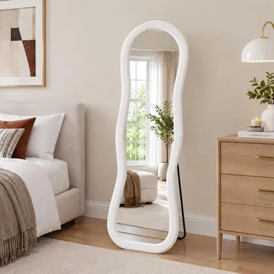 Immagine prodotto di Specchio a figura intera INONEFT Welliger, 160 x 50 cm, specchio da trucco moderno con cornice rivestita in flanella e supporto in metallo, vetro temperato, bianco