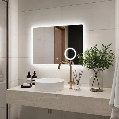 Image de Miroir de salle de bain LED Heilmetz, 80 x 60 cm, miroir de salle de bain éclairé, grossissement 3x, anti-buée, variateur d'intensité, 3000K, 4000K, 6500K