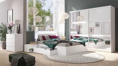 Image de Ensemble chambre NOFI - Lit 180x200 cm avec sommier, 2 tiroirs, chevets, armoire et commode - blanc