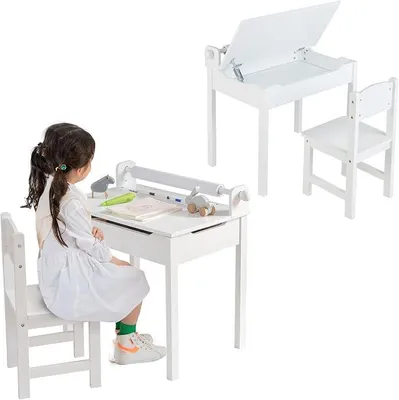 Produktbild von Kinderschreibtisch Set, Schülerschreibtisch mit Stuhl und Schublade, Schreibtisch mit klappbarer Tischplatte und Papierrollenhalter, Kindersitzgruppe für Kinder Im Alter Von 3-12 (Weiß)