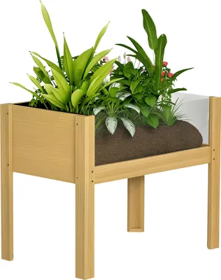 Produktbild von Outsunny Hochbeet, quadratisches Hochbeet mit Acrylplatten und Abflusslöchern, Hochbeet aus Holz für Blumen, Kräuter und Gemüse, 75 x 46 x 60,5 cm, Naturholz