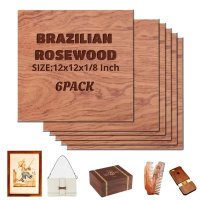 A stack of Brazilian rosewood sheets with text, and other items like a framed picture, a handbag, a wooden box, combs, and a phone case arranged below.