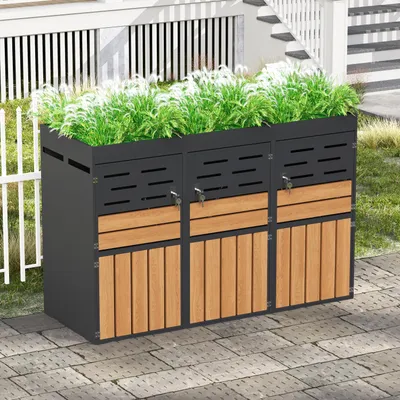 Produktbild von Multifunktionaler Außenschrank mit integriertem Pflanzkasten, Lamellenbelüftung, drei separaten Fächern, verzinktem Stahlrahmen und Sicherungskette – für Lagerung & Gartendekoration (ohne Abfalleimer)