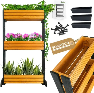 Image de Set de 3 pots de fleurs sur un support | Set de 3 pots de fleurs 64x20cm | Pot de fleurs en bois pour tomates et fleurs, pot de plantes pour jardin balcon | 120cm de haut LIGHT BROWN