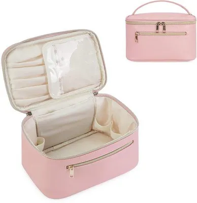 Image de Trousse de voyage rembourrée rose en similicuir, organiseur de maquillage, portable