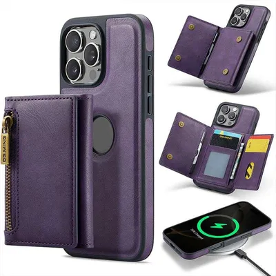 Obrázek produktu pro Pouzdro na iPhone 16 s peněženkou 2 v 1, magneticky odnímatelné, s ochranou proti RFID, 7 přihrádkami na karty, se zipem, podporou bezdrátového nabíjení a funkcí stojánku, barva: fialová