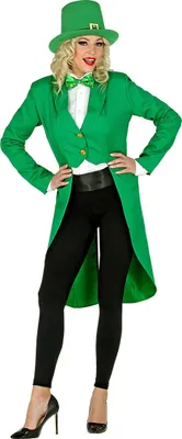 A woman is posing in a green St. Patrick's Day costume.