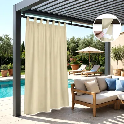 Produktbild von 1 Stück Outdoor Vorhang Blickdicht Klettverschluss Schlaufen Thermo Gardine Wasserdicht Verdunkelung für Terrasse Balkon Garten, 132x213cm, Beige