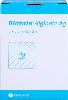 Produktbild von Biatain Alginate Ag Kompressen 5 x 5 cm mit Silber, 10 St. Verband