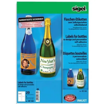 Produktbild von SIGEL DE160 InkJet Flaschen Etiketten zum Selbstgestalten, 80 x 120 mm, hochweiß, 20 Etiketten
