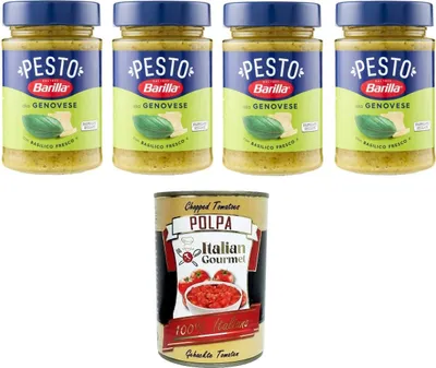 Produktbild von Barilla Pesto alla Genovese con Basilico Fresco Condimento e Sugo per Pasta Genueser Pesto mit frischem Basilikumgewürz und Pastasauce 4x190gr + Italian Gourmet polpa 400g