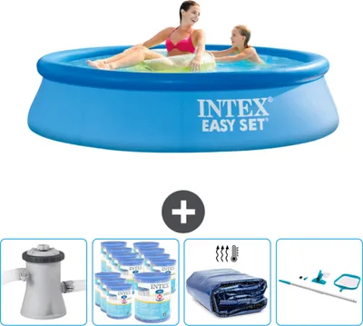Produktbild von Intex runder aufblasbarer Easy Set-Schwimmpool – 244 x 61 cm – Blau – inklusive Pumpe Filter - Sonnensegel - Reinigungskit