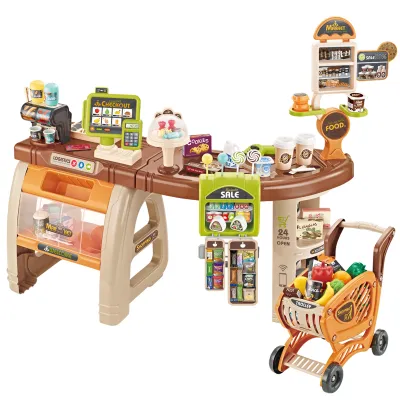 Imagen del producto de Supermercado con carrito de compras, caja registradora, 65 accesorios para tienda de comestibles, juguete de caja registradora con escáner y sonido, ideal para niños