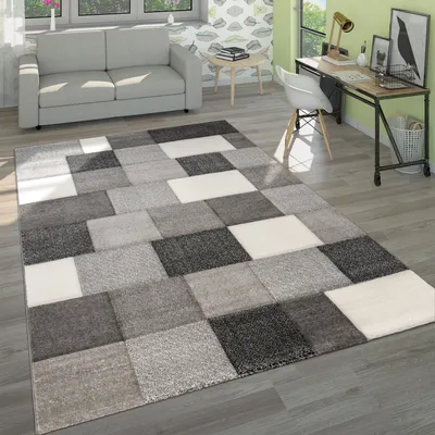 Produktbild von Designer Teppich Modern Handgearbeiteter Konturenschnitt Kariert Grau Weiß Grösse 60x110 cm
