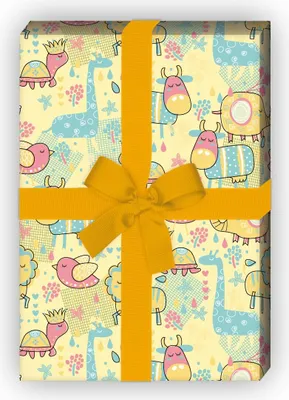 Produktbild von Fröhliches Retro Kinder Geschenkpapier mit bunten Tieren, gelb - G10274, 32 x 48cm