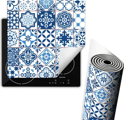 Obrázok produktu pre Kryt na sporák 60 x 52 cm, kryt na sklokeramickú dosku, protisklzová rohož, zrolovateľná, modrá mozaika