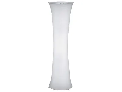 A tall, white, hourglass-shaped floor lamp stands against a white background.