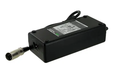 A black power adapter with a silver connector is shown on a white background.