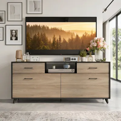 Produktbild von Lowboard mit 2 Türen und 2 Schubladen, TV-Schrank mit Offenem Fach und Kabelführung, Walnuss + Schwarz, MDF, 160 x 40 x 68 cm