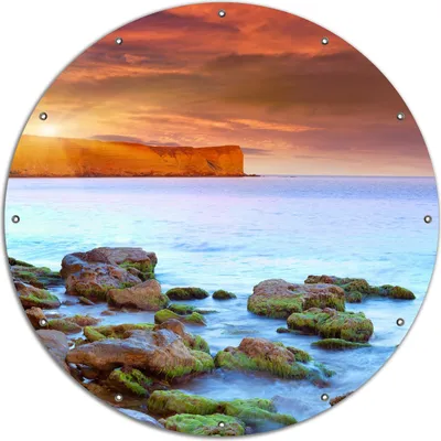 Produktbild von Wallario rundes Outdoor-Poster für Garten oder Balkon, Motiv Sonnenaufgang am Meer mit Landzunge und Felsen im Wasser, 120 cm Durchmesser