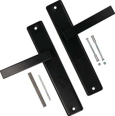 Two black door handles with their mounting hardware are arranged diagonally on a white background.